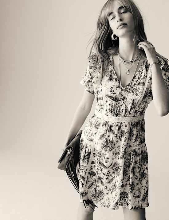 Printed V-Neck Ruffle Lace Insert Mini Dress