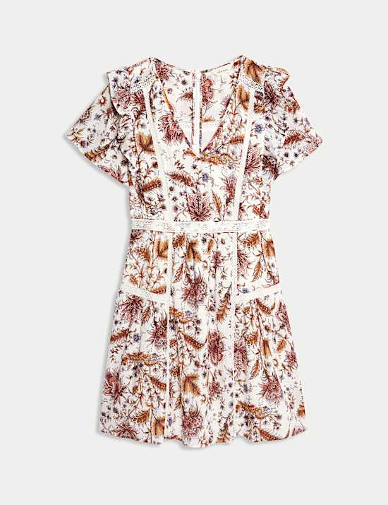 Printed V-Neck Ruffle Lace Insert Mini Dress