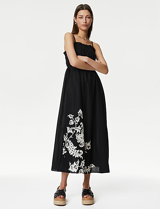 Pure Cotton Floral Square Neck Midaxi Dress