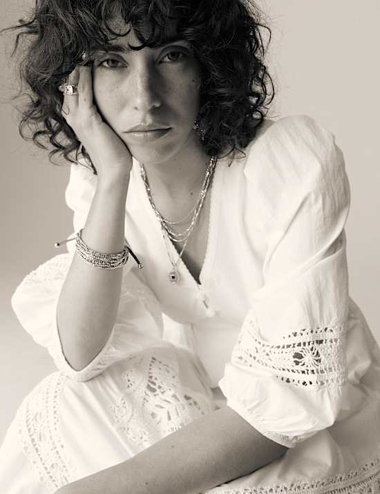 Pure Cotton V-Neck Crochet Detail Midaxi Waisted Dress