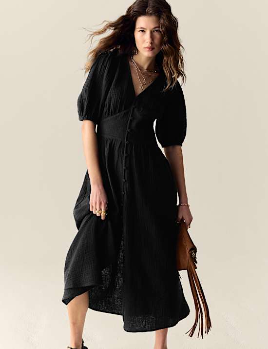 Pure Cotton V-Neck Button Through Midi Waisted Dress