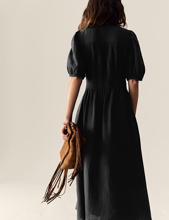 Gaun Berikat Pinggang Midi Kancing Penuh Kerah V Katun Murni