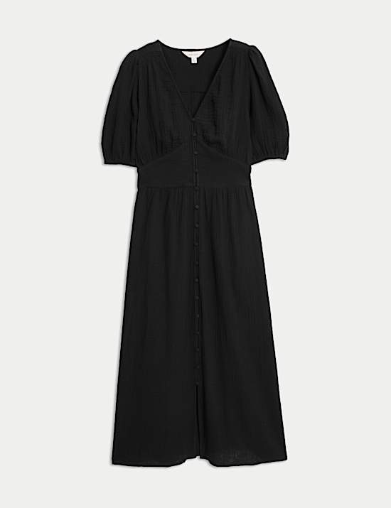 Gaun Berikat Pinggang Midi Kancing Penuh Kerah V Katun Murni