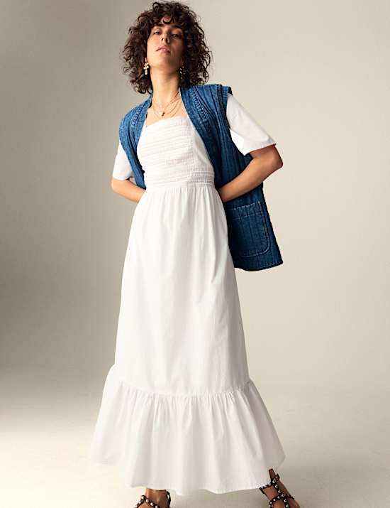 Pure Cotton Square Neck Crochet Detail Midaxi Tiered Dress