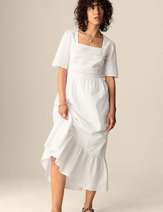 Pure Cotton Square Neck Crochet Detail Midaxi Tiered Dress