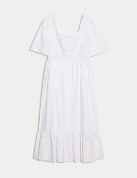 Pure Cotton Square Neck Crochet Detail Midaxi Tiered Dress