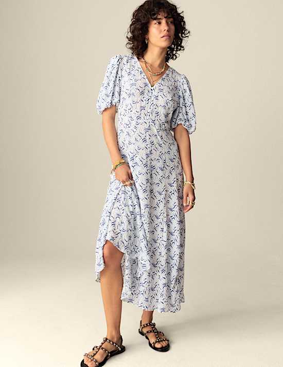 Printed V-Neck Midi Tea Dress