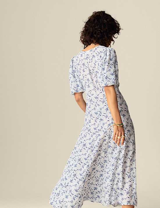 Printed V-Neck Midi Tea Dress