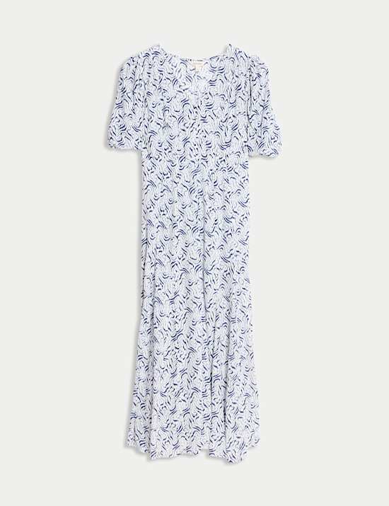Printed V-Neck Midi Tea Dress