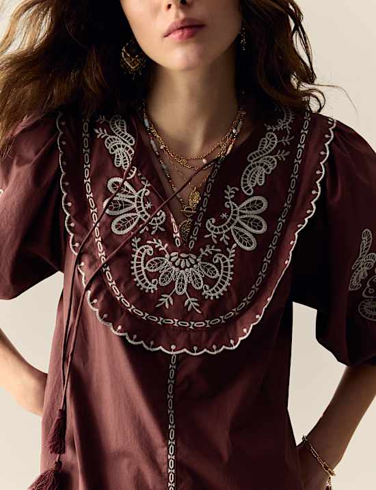Pure Cotton Embroidered Tie Neck Puff Sleeve Mini Tiered Dress