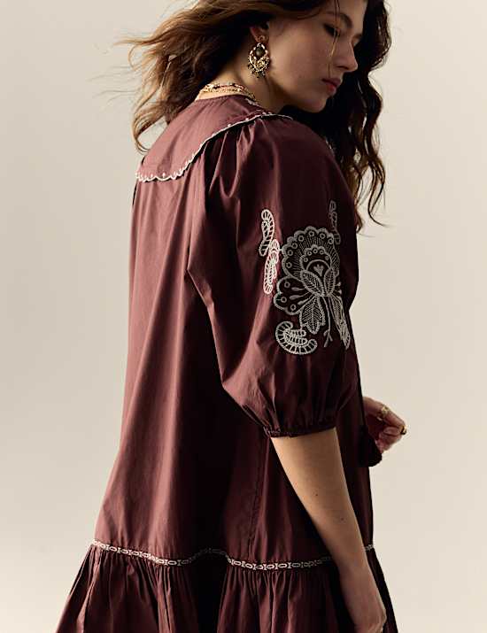 Pure Cotton Embroidered Tie Neck Puff Sleeve Mini Tiered Dress