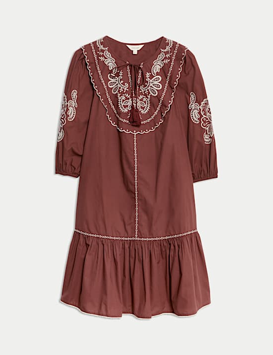 Pure Cotton Embroidered Tie Neck Puff Sleeve Mini Tiered Dress