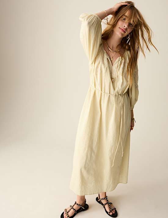 Pure Cotton Embroidered Tie Neck Midi Dress