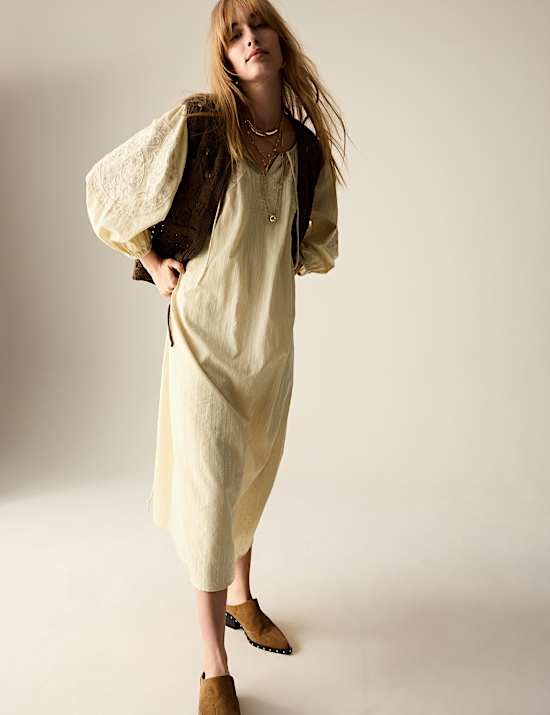 Pure Cotton Embroidered Tie Neck Midi Dress