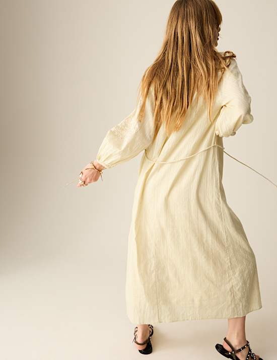 Pure Cotton Embroidered Tie Neck Midi Dress