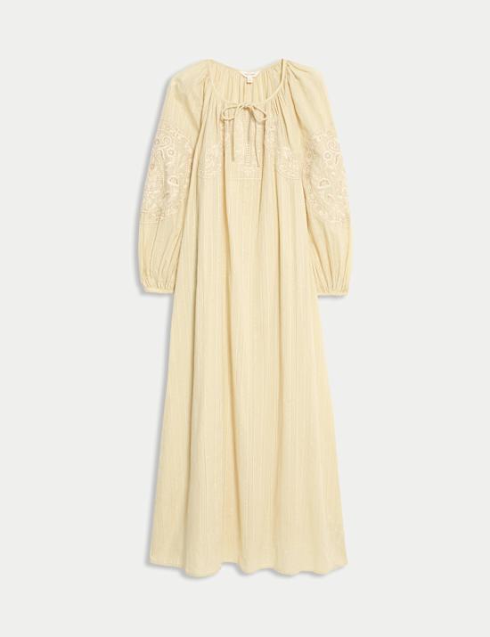 Pure Cotton Embroidered Tie Neck Midi Dress