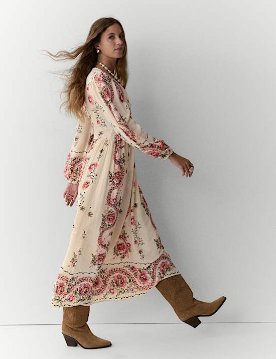 Printed V-Neck Maxi Tea Dress