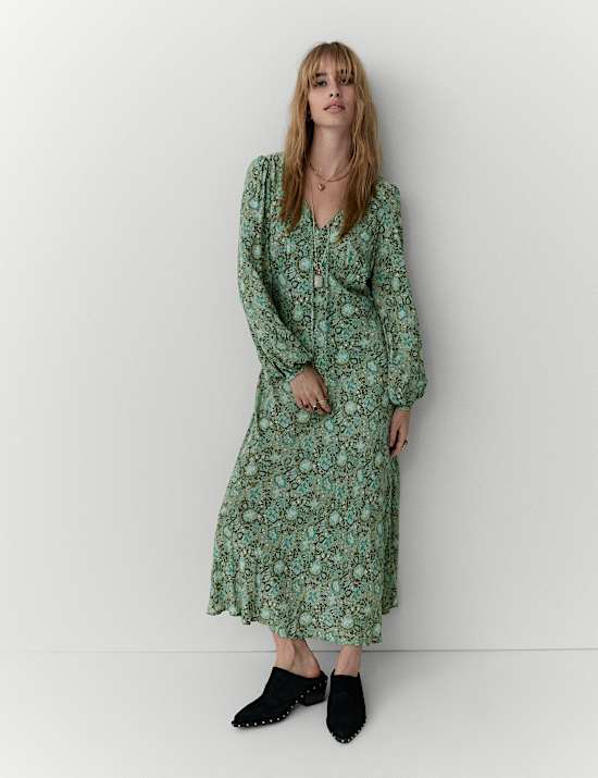 Printed V-Neck Tie Front Midi Dress