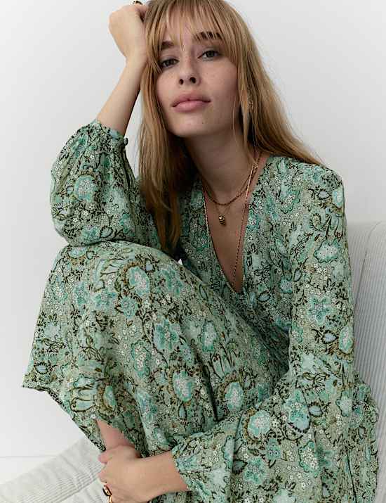 Printed V-Neck Tie Front Midi Dress