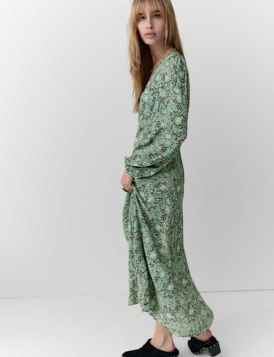 Printed V-Neck Tie Front Midi Dress