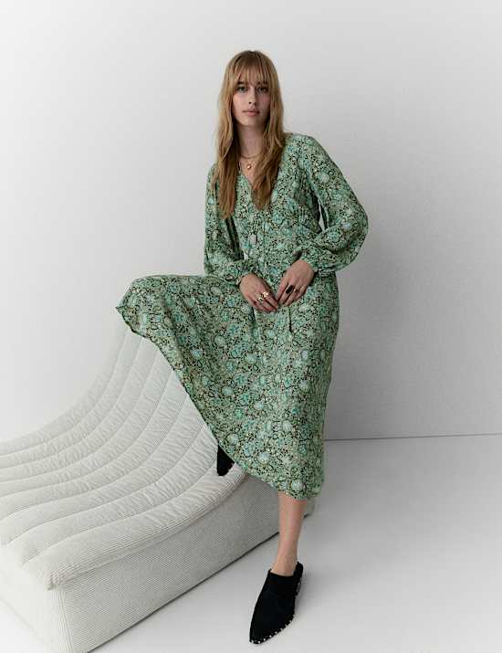 Printed V-Neck Tie Front Midi Dress