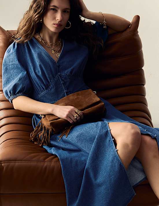 Denim V-Neck Button Through Midi Waisted Dress