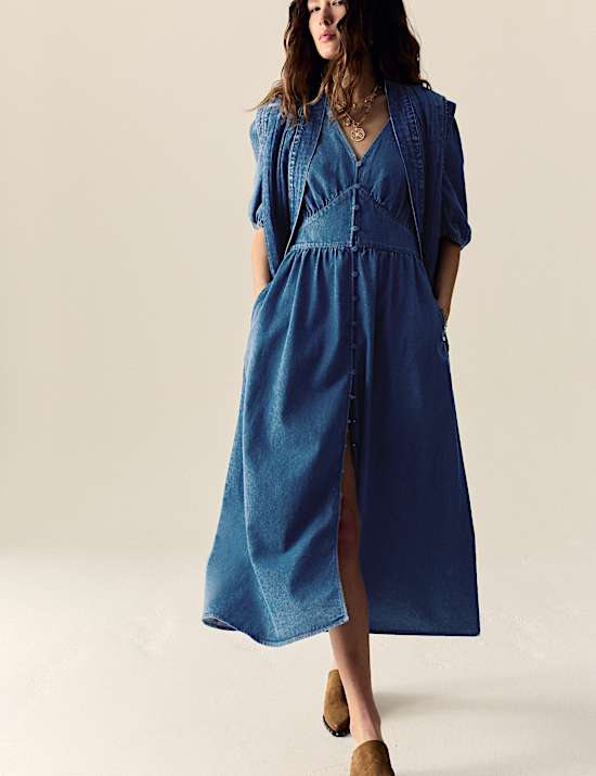 Denim V-Neck Button Through Midi Waisted Dress