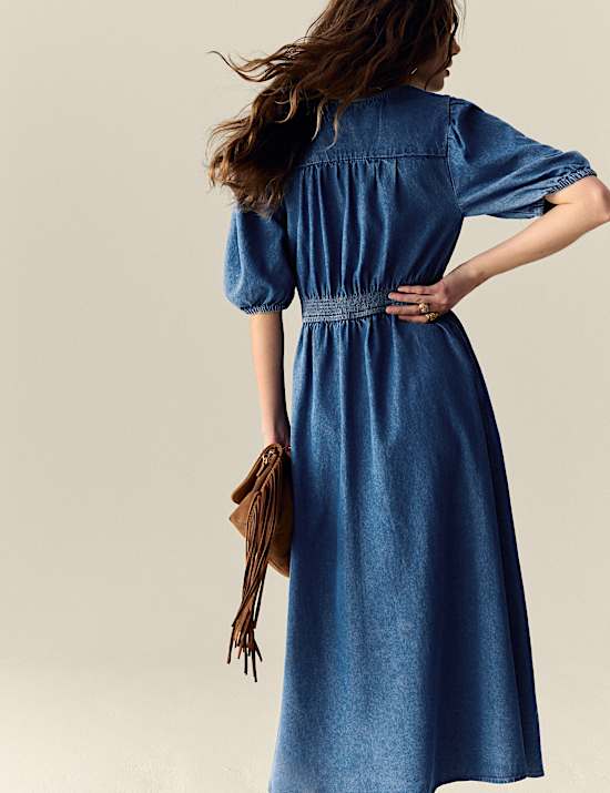 Denim V-Neck Button Through Midi Waisted Dress