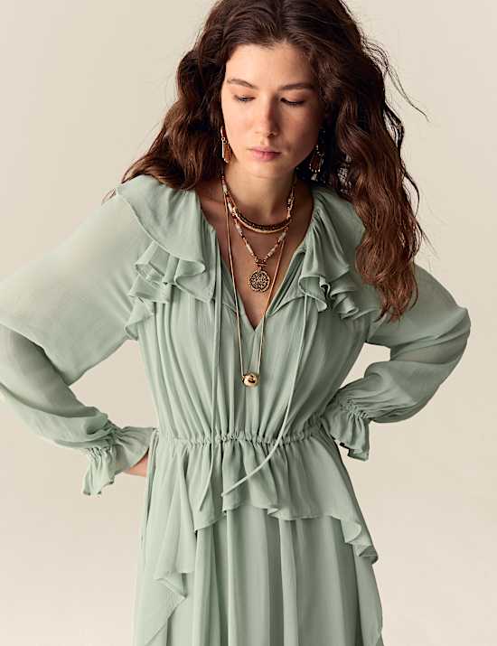 Tie Neck Ruffle Maxi Waisted Dress