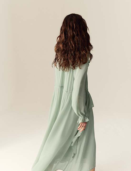 Tie Neck Ruffle Maxi Waisted Dress