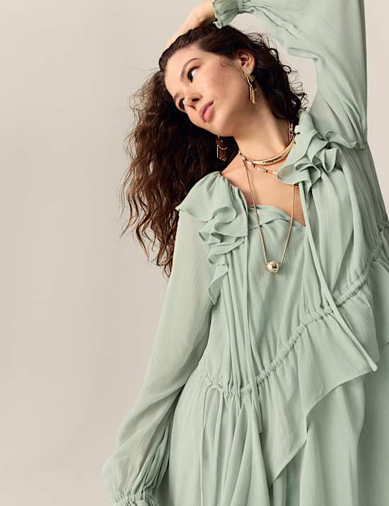 Tie Neck Ruffle Maxi Waisted Dress