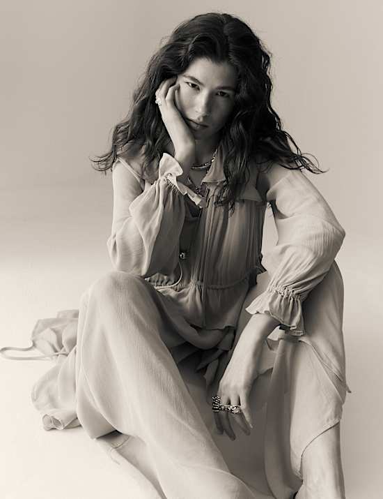 Tie Neck Ruffle Maxi Waisted Dress