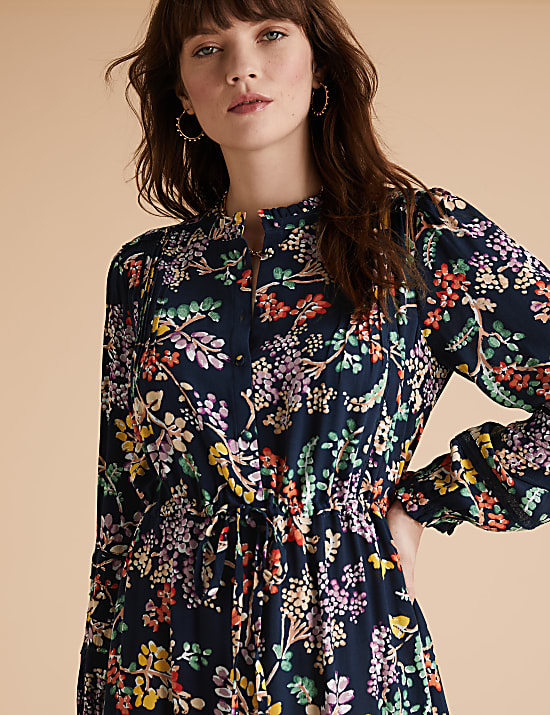 Floral High Neck Pintuck Midaxi Smock Dress