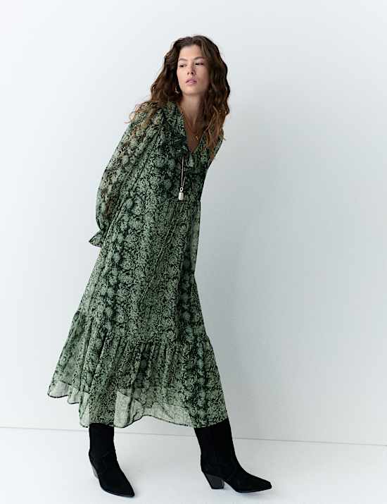 Snake Print V-Neck Frill Detail Midi Dress