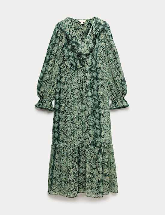 Snake Print V-Neck Frill Detail Midi Dress