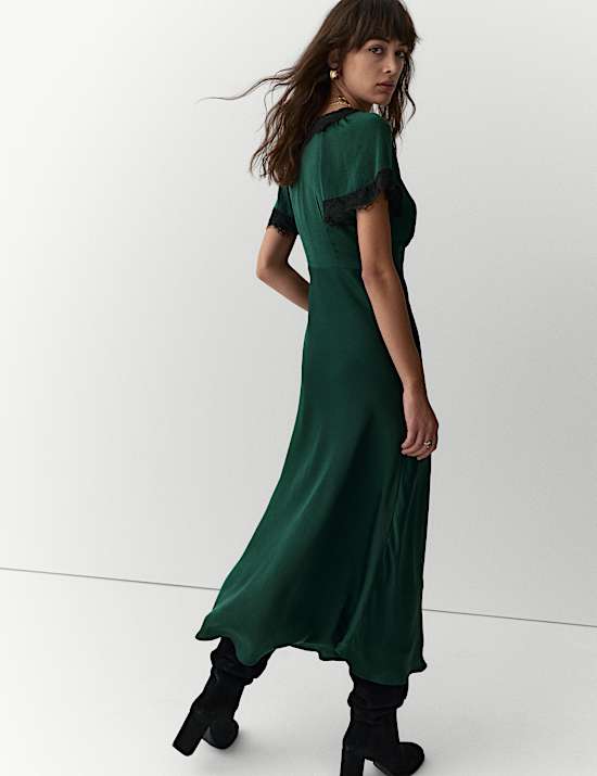 Satin Appliqué V-Neck Lace Trim Midi Dress