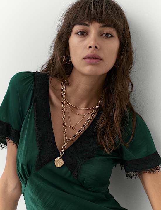 Satin Appliqué V-Neck Lace Trim Midi Dress