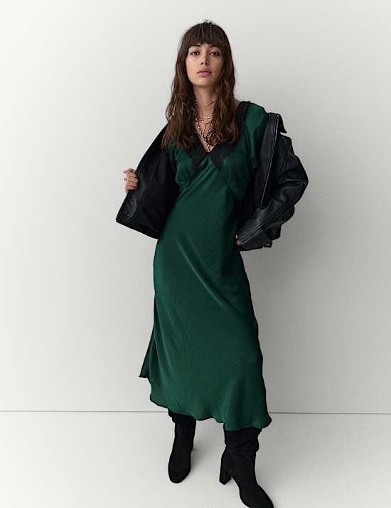 Satin Appliqué V-Neck Lace Trim Midi Dress