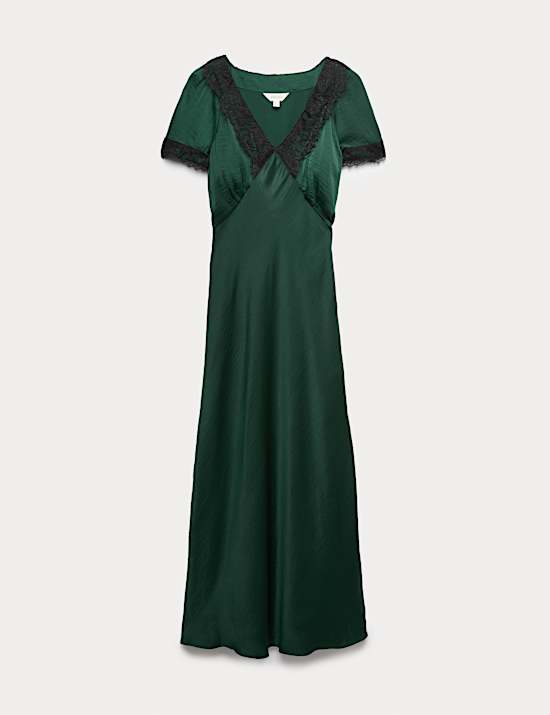 Satin Appliqué V-Neck Lace Trim Midi Dress