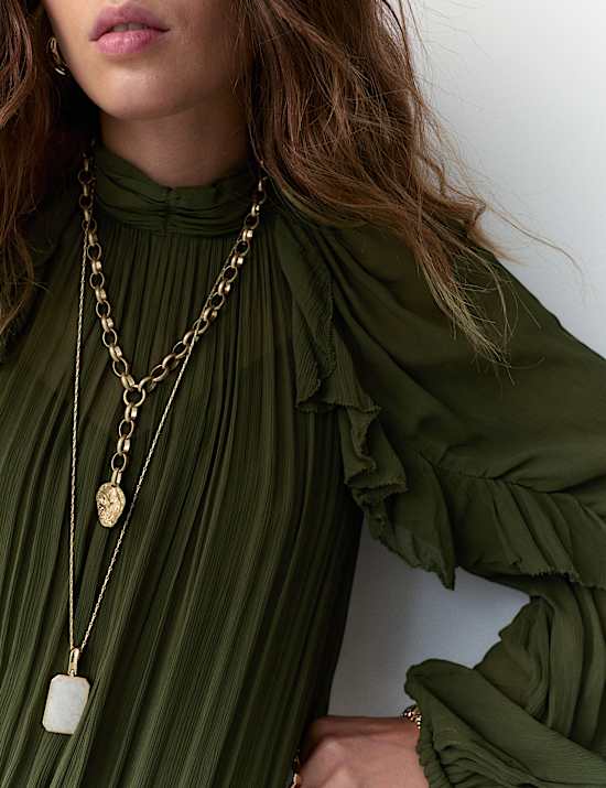 Chiffon High Neck Ruffle Midi Tiered Dress