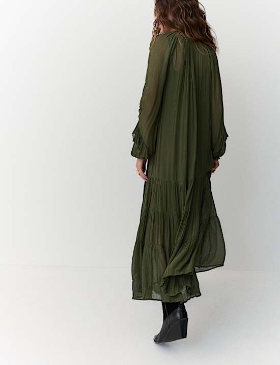 Chiffon High Neck Ruffle Midi Tiered Dress