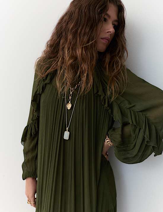 Chiffon High Neck Ruffle Midi Tiered Dress