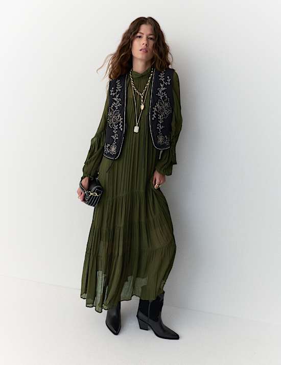 Chiffon High Neck Ruffle Midi Tiered Dress