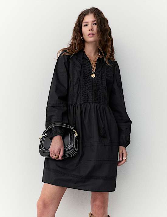 Pure Cotton Tie Neck Pleated Mini Dress