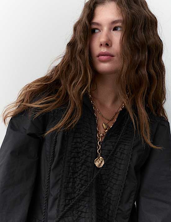 Pure Cotton Tie Neck Pleated Mini Dress