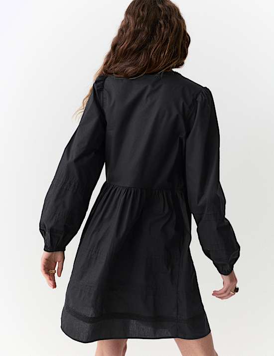 Pure Cotton Tie Neck Pleated Mini Dress