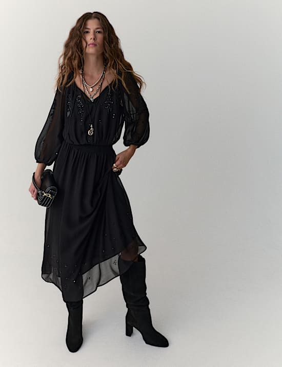 Embellished Tie-Neck Midi Waisted Dress