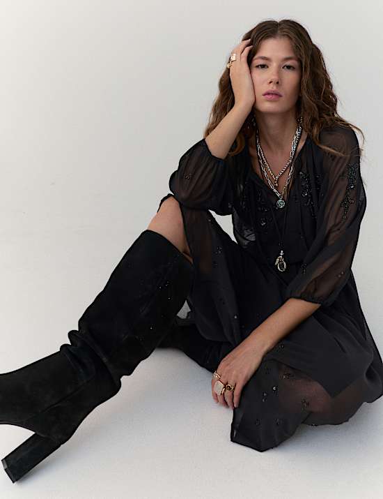 Embellished Tie-Neck Midi Waisted Dress