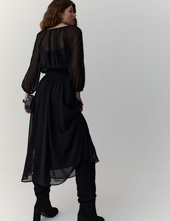 Embellished Tie-Neck Midi Waisted Dress