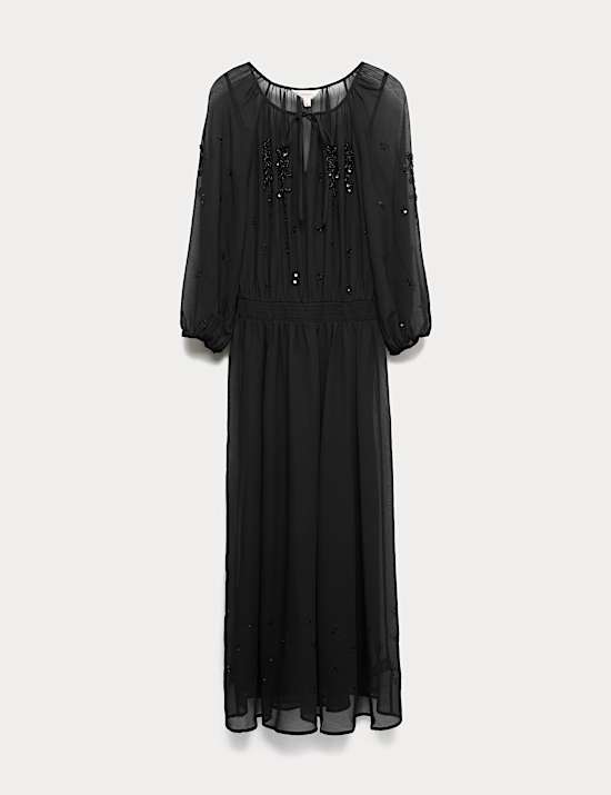 Embellished Tie-Neck Midi Waisted Dress